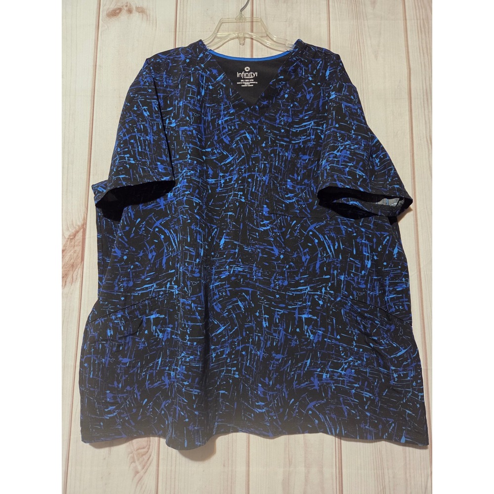 Infinity by Cherokee Mens Scrub Top 2XL Blue Black Abstract Print V-Neck‎ Pocket